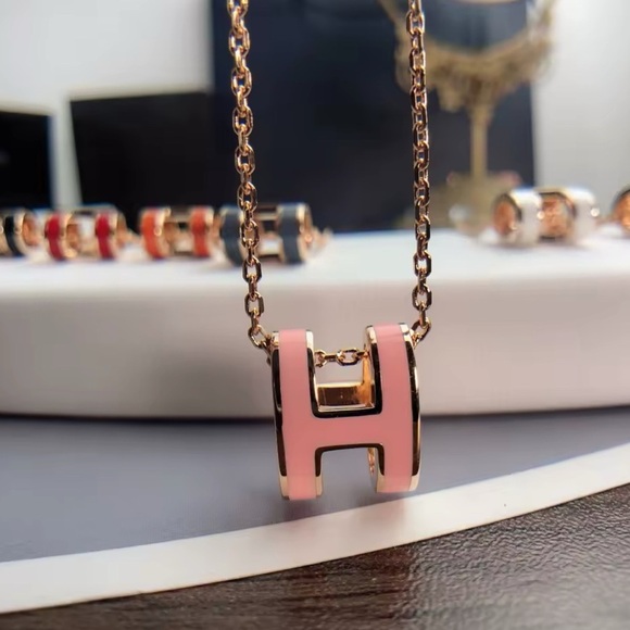 Moon Goddess Emporium Jewelry - 18K Gold Pink Enameled Minimalist Letter H Shaped Pendant Necklace